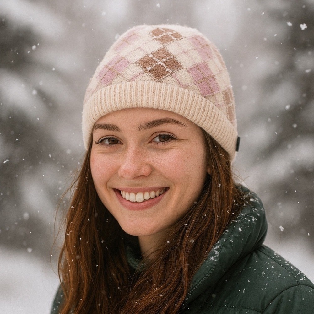 Neckworks Womens Argyle‎ Knit Beanie Hat Cream Pink Brown Wool Angora
